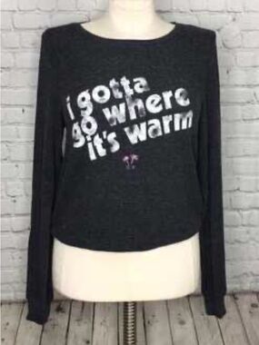 Wildfox Dark Gray Crewneck Sweater with Graphic “I Gotta Go Where It’s Warm”